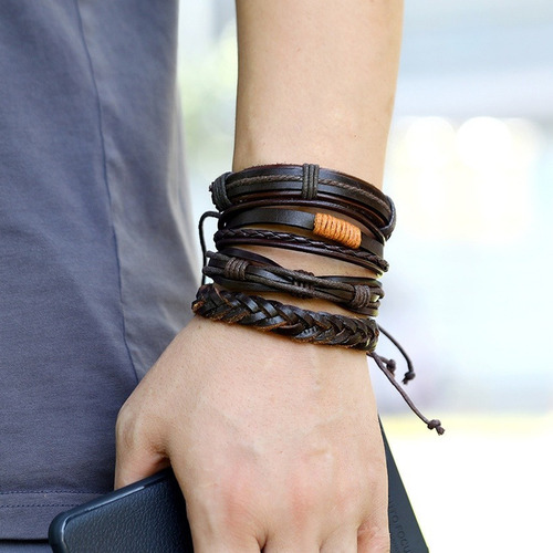 Conjunto Set Pulseras Cuero Piel Tejidas A Mano Multicapa
