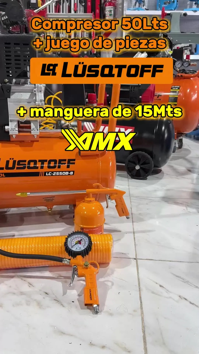 Compresor De Aire 50 Litros + Kit Y Accesorios Maneko Manguera 10mts Naranja 50hz Monofásica - imagen 2