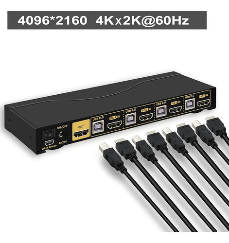 Conmutador Kvm Hdmi De 4 Puertos Con Audio Y 4 Cables De Kit