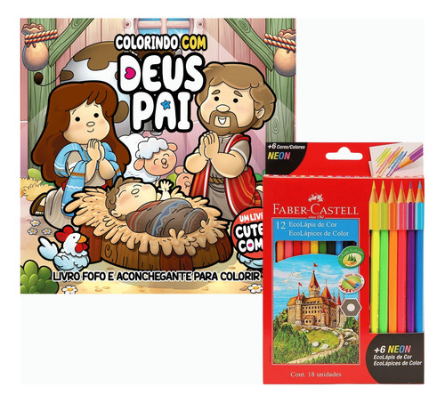 Colorindo Com Deus Pai Cute & Comfy Livro De Colorir E Lápis Faber Castell Com 6 Cores Neon