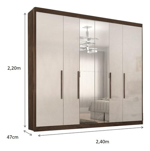 Guarda Roupa Valencia Casal 6 Portas 6 Gav. Com Espelho Cor Chocolate/Off white