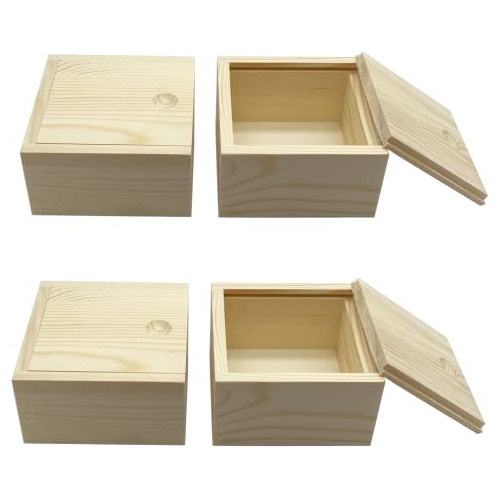 Conjunto De 4 Cajas De Madera Sin Acabar De 3.5''x3.5''...