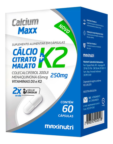 Calcium Maxx Cálcio Citrato Malato K2 60cáps 250mg Maxinutri Sabor Neutro