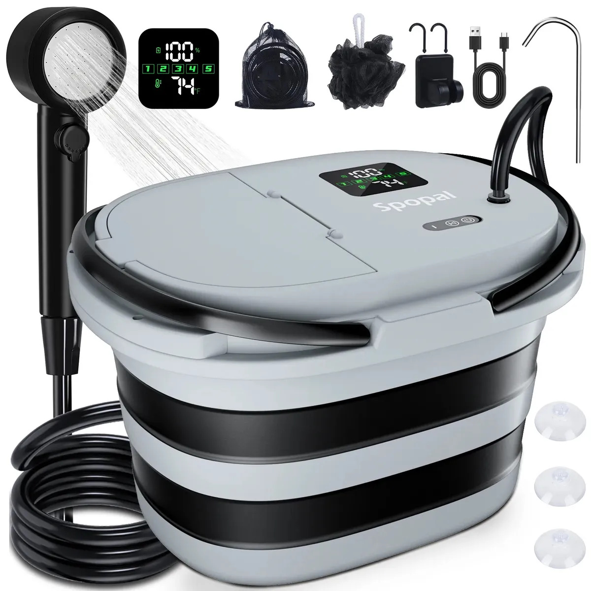 Spopal 13000mAh 2 em 1 Chuveiro Portátil Integrado com Balde Dobrável de 20L | Alta Pressão, IPX8, 5 Velocidades, 4 Modos de Pulverização, Tela LED, Chuveiro para Camping, Caminhad