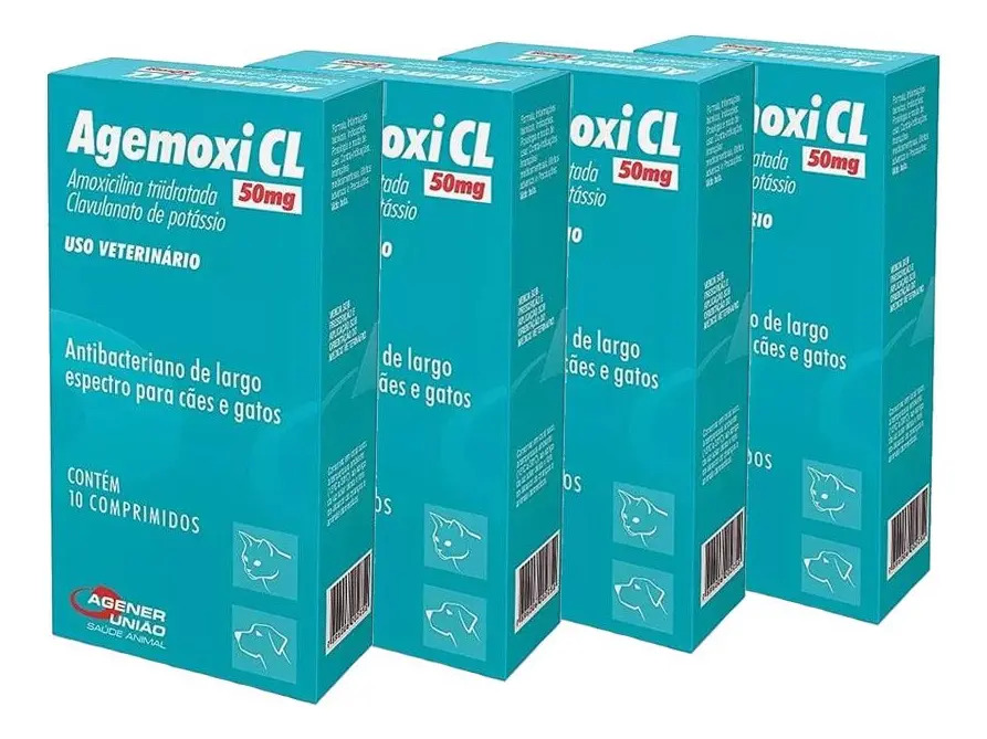 KIT 4 CX Agemoxi Cl 50mg Antibiótico Amoxicilina Cães Gatos 4x10 Comprimidos