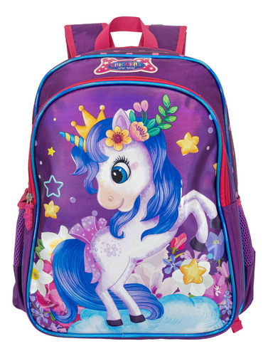 Mochila Escolar + Cartuchera T-go Para Nena 16 Pulgadas Unicornio Color Violeta
