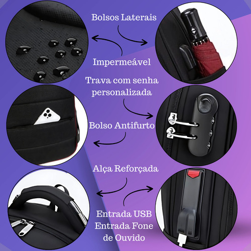 Ago Mochila Notebook Reforçada Cadeado Senha Divisorias Imperm. Cor 2102 Preta Desenho Do Tecido Liso