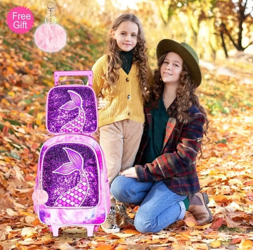 Conjunto De 3 Mochilas, Mochila Con Ruedas Para Niñas Fiusha/ Morado Sirena