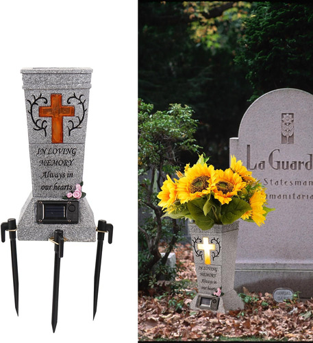 Cemetery Grave Vase With Solar Cross Led, Cemetery Decoratio