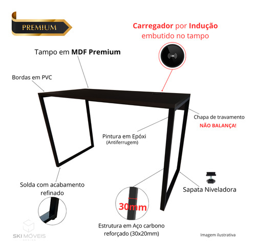 Mesa Escrivaninha Estilo Industrial Com Carregador Sem Fio