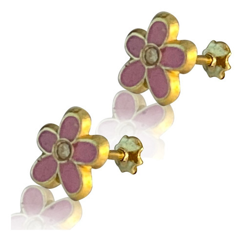 Aretes Broquel Oro 18k Laminado #180 638-675 Flor Rosa Paste Color Dorado