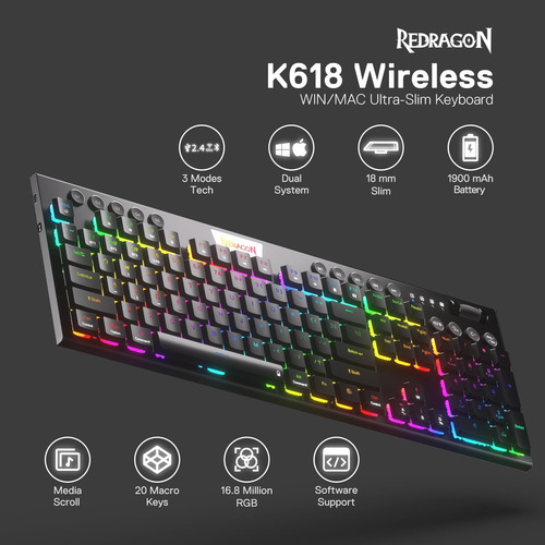 Redragon K618 Pro 3 Modos Rgb Sem Fio Teclado Mecânico, Desi