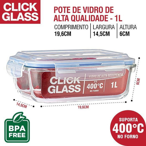 Imagem 5 de 5 de Kit Com 6 Potes De Vidro Click Glass Premium 100% Herméticos