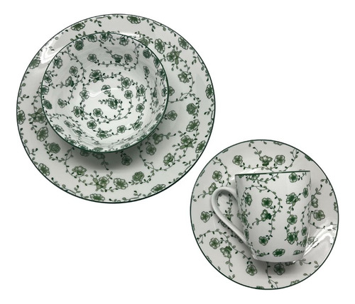Vajilla 16 Piezas Cerámica Elegante Royal Haus Resistente Color Verde Floreado