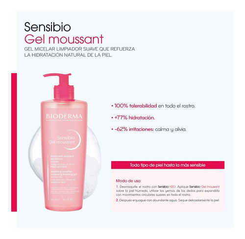 Imagen 3 de 6 de Bioderma Sensibio Gel Moussant, Gel Micelar Limpiador, 500ml