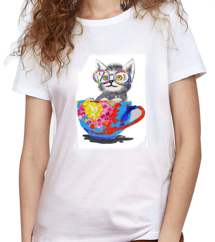 Camiseta Dama Estampada gato Taza Colores Gato