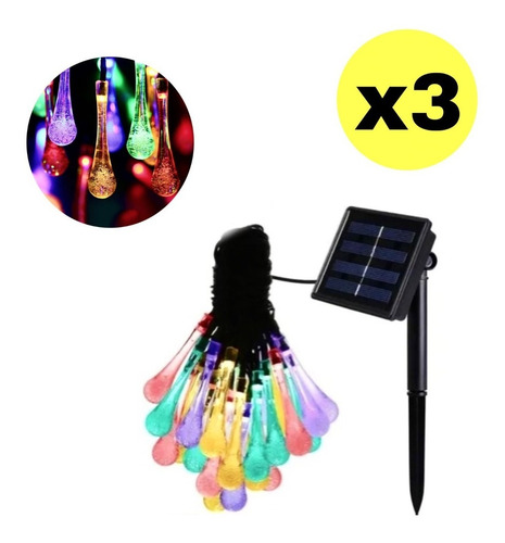 Imagen 1 de 9 de Pack 3 Luces Navideñas 30led Gotas Guirnalda Solar