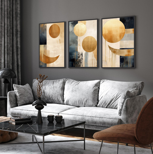 Kit 3 Quadros Decorativos Abstrato Luxo Gold Moderno Moldura