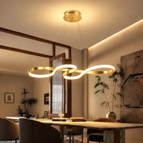 Lustre Pendente LED Moderno Dourado Ondulado, Luminaria LED Decorativa para Sala e Quarto, Design Sofisticado, Iluminação Elegante, Lustre Sala, Luminarias Modernas, Tieesa D001 Dourado
