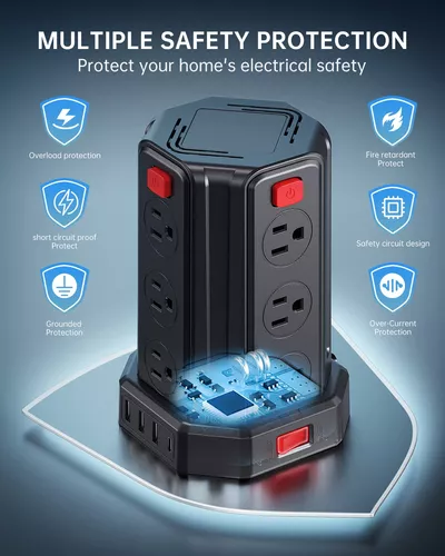 Regleta de protección contra sobretensiones con 12 enchufes de CA y 4  puertos USB, con cable de alimentación de 9.8 pies, apto para casa u oficina