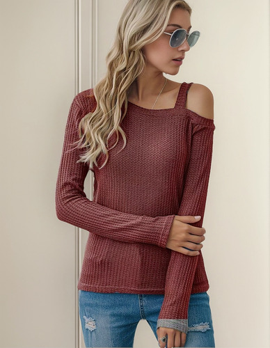 Camiseta De Cuello Diagonal Con Hombros Descubiertos De Moda