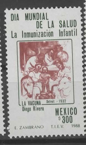 México Día Mundial  Salud Pintura Diego Rivera 1988 Estampil