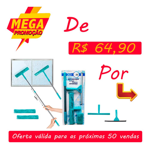 Imagem 2 de 7 de Mop Limpa Vidro Rodo Cabo Extensível 2 Refil Janela Sacada