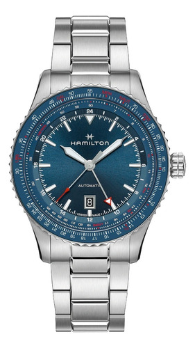 Reloj Hamilton Khaki Aviation Converter Auto Gmt H76715140 Correa Plateado Bisel Azul Fondo Azul