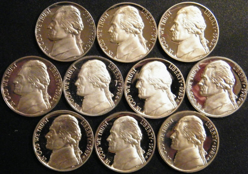 1980 A 1989 S (10) Monedas Jefferson Nickel 5c Centavo Proof