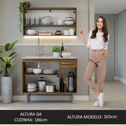 Armário Cozinha Compacta 105cm Com Pia Emilly Madesa 04 Rc Cor Rustic/Cinza