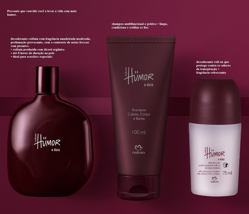 Presente Natura Humor A Dois Masculino (3 Produtos) 1 Deo Colônia 75ml Shampoo 3 Em 1 Cabelo, Corpo E Barba 100ml, 1 Roll-on 75ml 1 Sacola Presente P.