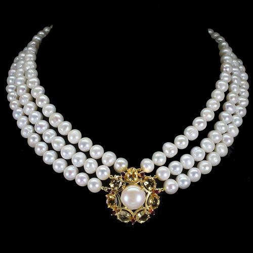 Collar De Perlas, Con Citrino, Granate, En Plata 925,oro 14k
