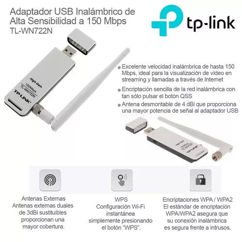 Adaptador USB Inalámbrico de Alta Ganancia 150MbpsTL-WN722N