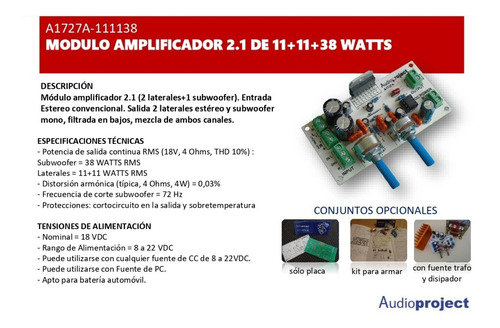 Imagen 4 de 7 de Amplificador 2.1 11+11+38 Watts Con Fuente Trafo Y Disipador