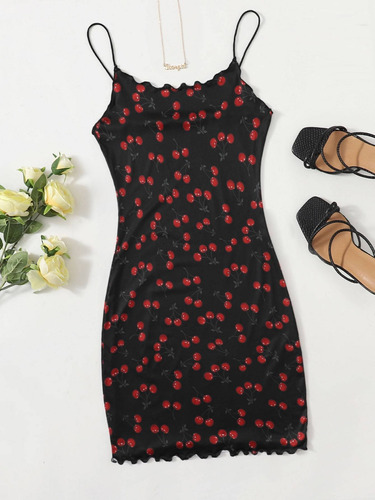 Vestido Ribete En Forma De Lechuga Con Estampado De Cereza