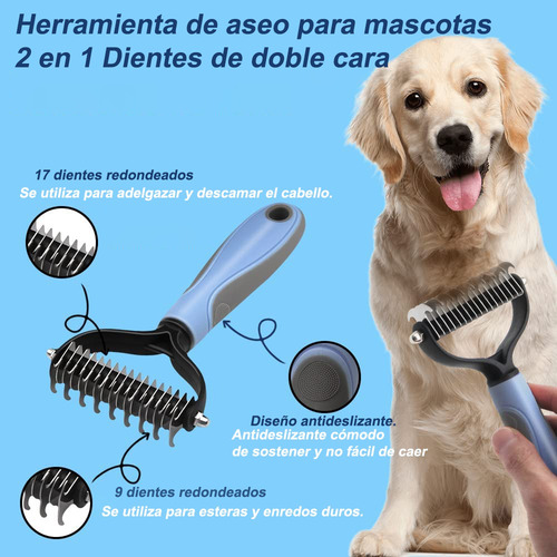 Cepillo Deslanador Perro Gato Peine Mascotas Masajeador Kit Azul