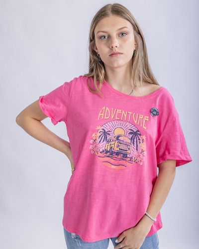 T-shirt En Algodon Estampada Para Dama Ufo Adventure Rosada