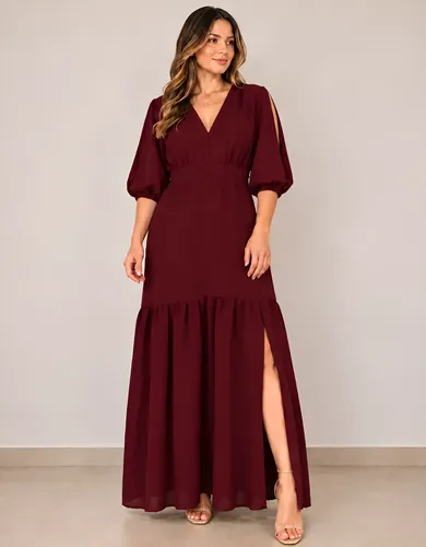 Vestido Longo Babado Fenda Manga 3/4 Evangélico Elegante Liso - Marsala Moda Único (36 Ao 46)
