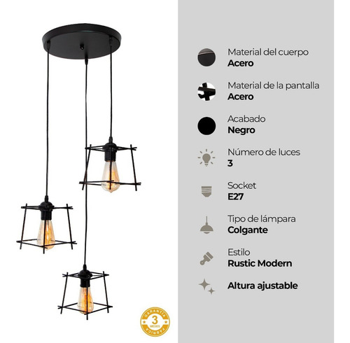 Lámpara Colgante Vintage Negro Mate 60w E27 3 Luces