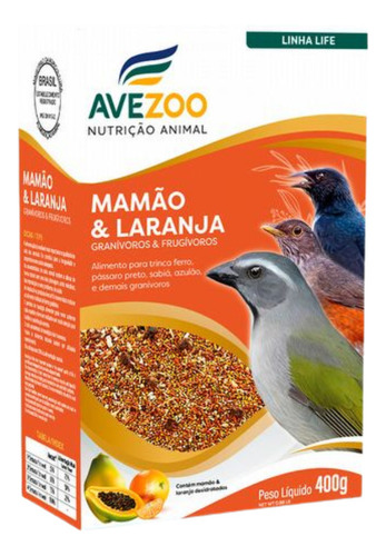 Kit 2 Un - Alimento Mamão E Laranja P/ Pássaros Avezoo 400g