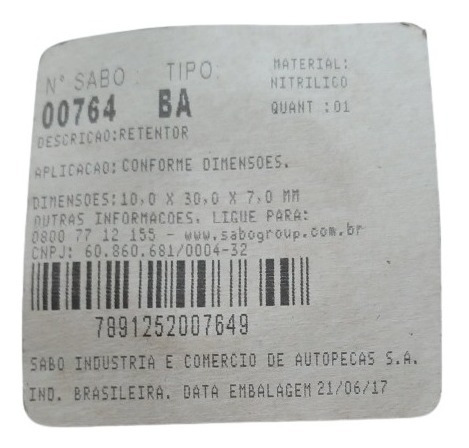 Imagem 2 de 4 de Retentor Sabo 00764 Ba - 10x30x7 Mm