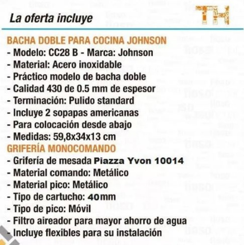 Combo Cocina Bacha Johnson Cc28 Grifería Monocomando Piazza