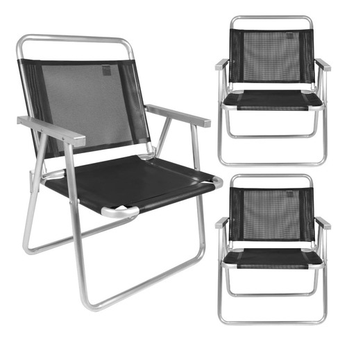 3 Cadeiras De Praia Dobrável Alta Em Alumínio Oversize Preta