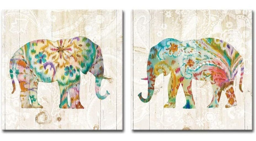 2 Paneles Elefante Lienzo Arte De La Pared Boho Paisley...