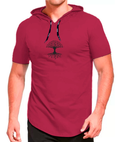 Camiseta Com Capuz Estampa Árvore Longline Masculina Natural