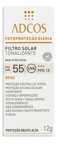 Protetor Solar Tonalizante Base Stick Facial FPS 55 Beige Adcos Caixa 12g