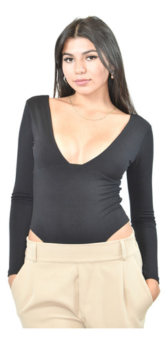 Body Manga Larga Escote Profundo Negro Lisa L