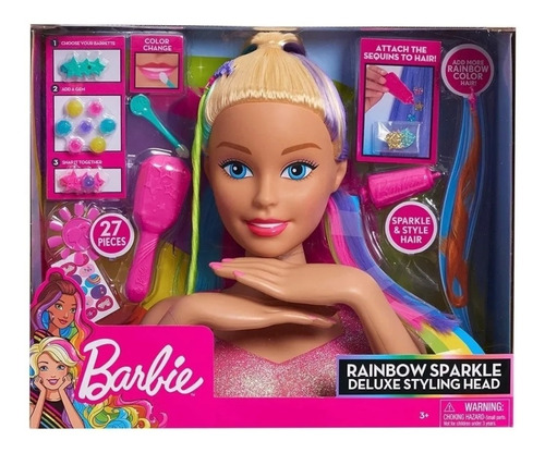Cabeza De Barbie Rainbow Sparkle Peinado De Lujo 27 Piezas