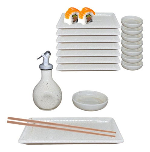 Kit Para Servir Sushi Creme Prato Molheira Jarra 6 Pessoas