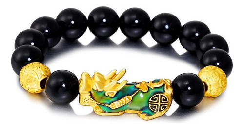 Pulsera de transferencia Golden Pixiu con cuentas de ágata y obsidiana de 25 cm de longitud, color negro